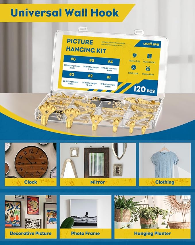 Uniclife 120 Pcs Picture Hanging Kit, 10 lb, 20 lb, 30 lb, 50 lb, 75 lb, 100 lb Heavy Duty Picture Hangers for Drywall & Wood, Picture Hanging Hooks, Frame Hooks for Hanging Photos Mirrors Paintings