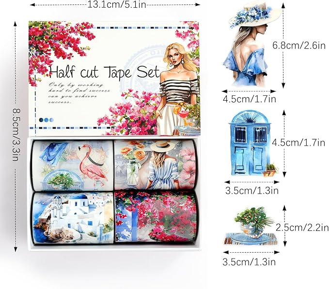 Dizdkizd Die Cut PET Tape Set, 4 Rolls Greece Vacation and Floral Tapes Stickers for Scrapbooking, Travel Journals, Collages, Planners, Blue
