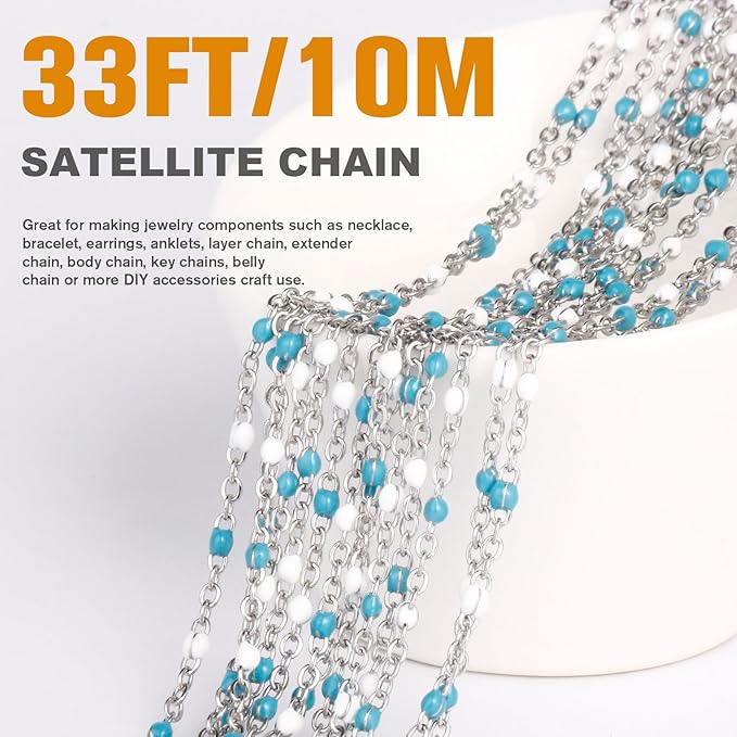 33 Feet Stainless Steel Enamel Chains Bulk, 2mm 304 Stainless Steel Blue White Enamel Beaded Cable Link Chain Roll Spool for Jewelry Making