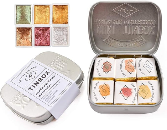 Csy Art Supplies Handmade Watercolors Paint Set - 6 Metallic Gold Colors Half Pans Glitter Solid Water Color- Metal Case Sparkle Pearlescent Watercolour For Artists, Students & Hobbyists