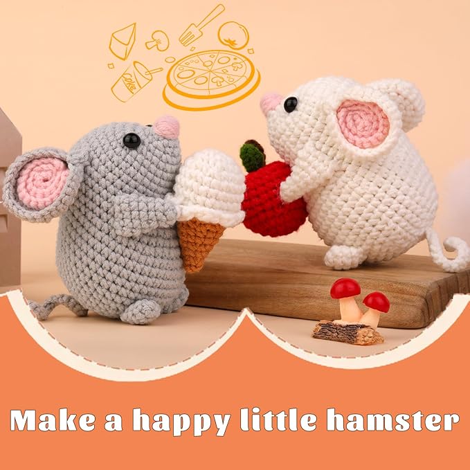 Kogyxe Beginners Crochet Kit, Amigurumi Crocheting Animals Kits w Step-by-Step Video Tutorials, Crochet Starter Kit Knitting Starter Pack for Adults Beginners, 2 Hamster Family (40%+ Yarn Content)