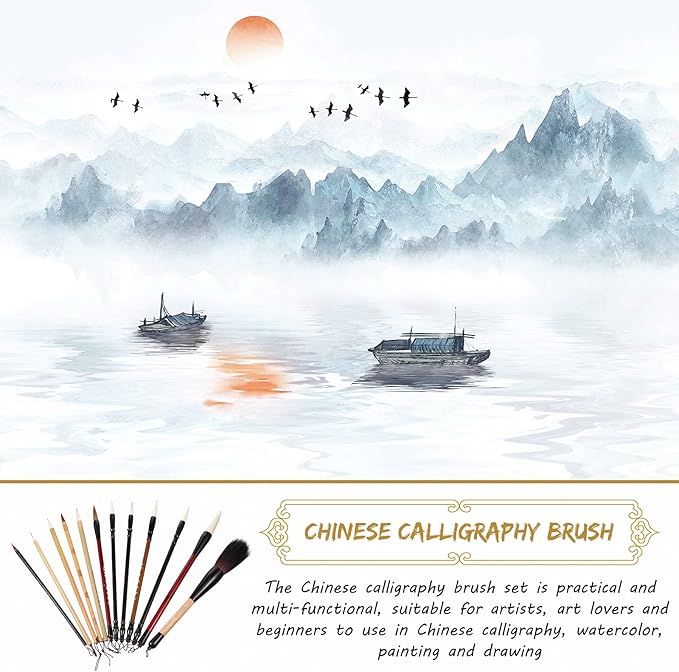 Marspark 12 Pieces Chinese Calligraphy Brushes Painting Writing Watercolor Ink Brushes Set for Kanji Japanese Sumi Drawing with Roll-up Holder