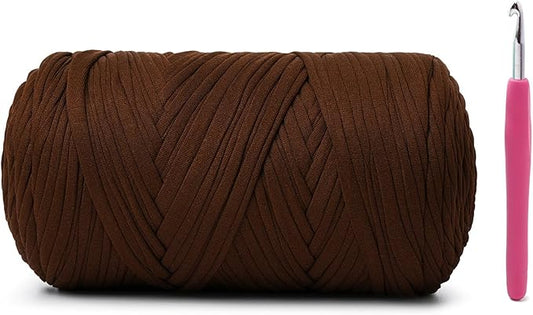 Elastic Fabric T Shirt Yarn for Crocheting，Beginner Crochet Yarns with Polyester Spandex Blend,Total 400g/114yds Soft Tshirt Yarn for Crochet Crafts/Bags/Baskets（Coffee）