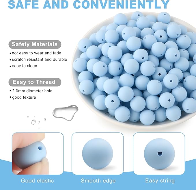 150Pcs 15mm Silicone Beads for Keychain Making Bracelet Necklace, Bulk Round Silicone Beads for Pens（Pastel Blue）