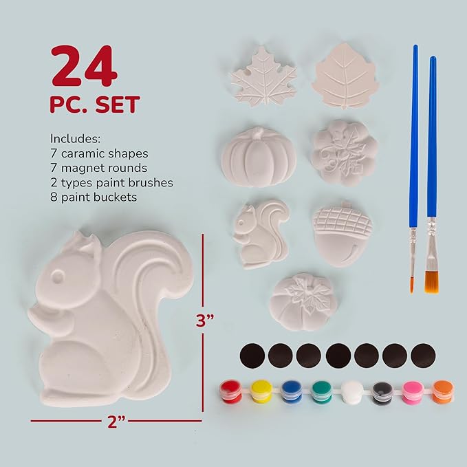 ArtCreativity Thanksgiving Ceramic Painting Craft - 7 Pack - Kids Fall Crafts Includes 7 Ceramic Figures, 8 Paint Set, 2 Brushes, 7 Adhesive Magnet - DIY Thanksgiving Paint Activity for Toddlers 3-8