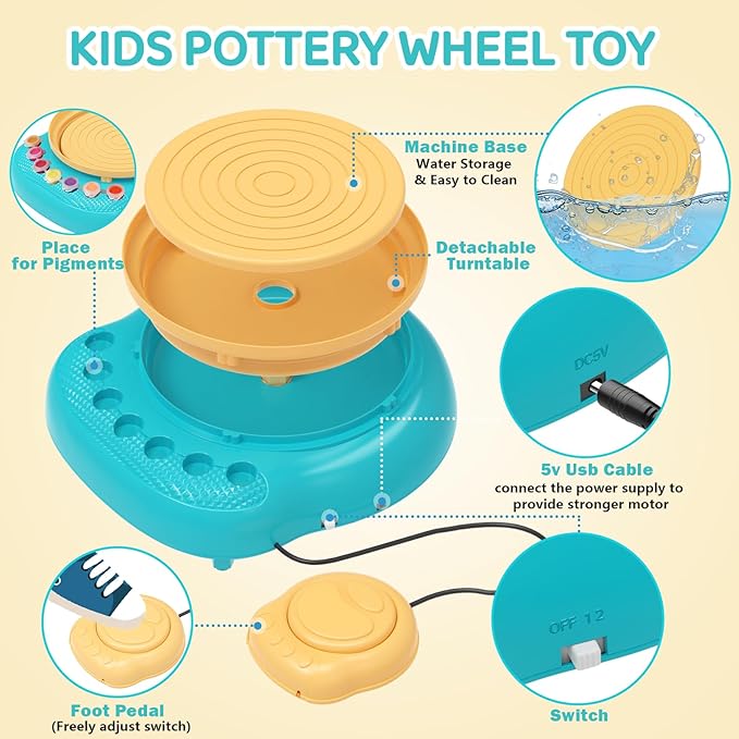 Pottery Wheel for Kids, Arts & Crafts Pottery Painting Toys Kit for Kids Ages 8-12, Art Supplies with 3 Pack Air Dry Clay and Clay Tools, Birthday Easter Gift for Girls Boys 6 7 8 9 10 11 12