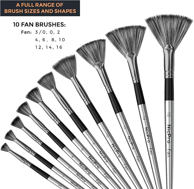 Nicpro Fan Paint Brushes 10 PCS Artist Painting Brush Set Soft Anti-Shedding Nylon Hair Wood Short Handle for Acrylic, Watercolor, Oil, Craft Painting