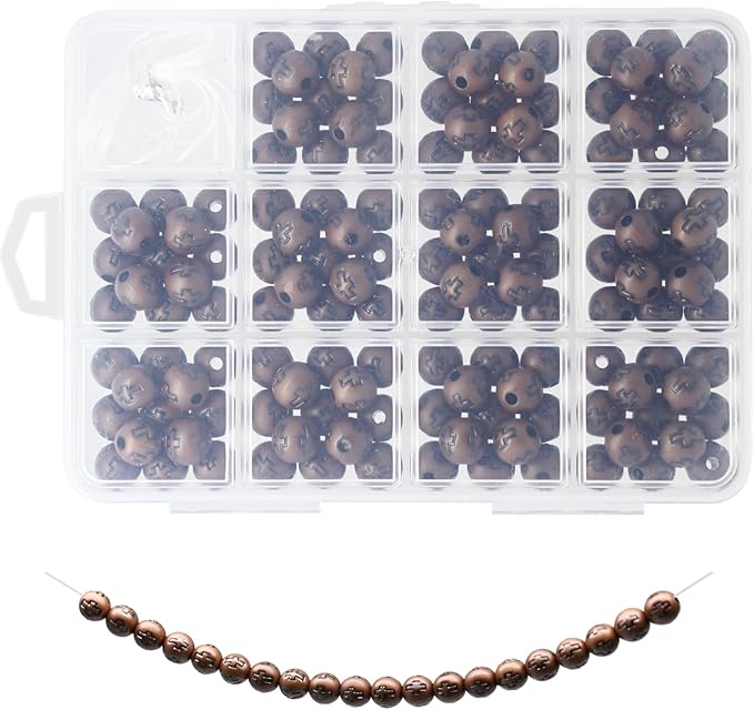 143 Pcs 10mm Light Brown Acrylic Cross Beads for Bracelets, Christian Religious Beads with 2m Elastic String & 12 Grids Organizer Box - DIY Jewelry Supplies