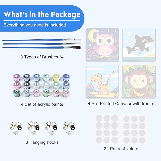 4 Pack Paint by Number for Kids with Wooden Frame, Cartoon Owl, Whale Paint by Numbers for Kids Ages 8-12, Baby Dinosaur, Monkey, DIY Acrylic Oil Painting for Beginners for Home Wall Decor 8X8 inch