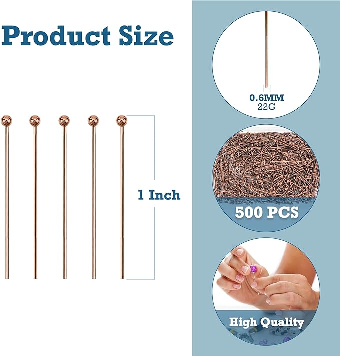 Mandala Crafts 1 Inch Antique Copper Ball Head Pins for Jewelry Making Earring Making Supplies - 500 Jewelry Findings for Making Earrings DIY Bracelets Rosary Charms