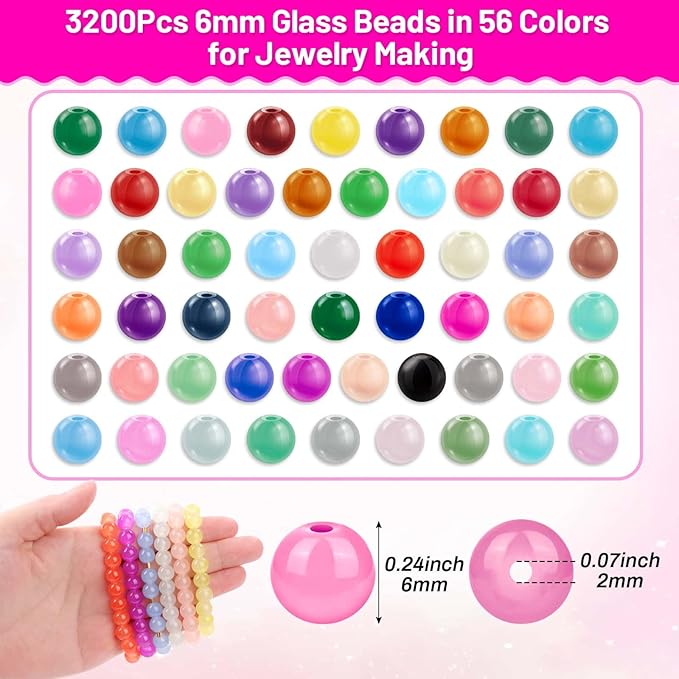 PAXCOO 3200pcs 6mm Glass Beads for Jewelry Making, 56 Colors Glass Beads for Bracelet Making, Beaded Bracelets Kit for Bracelet Earring Necklace Jewelry Making Supplies