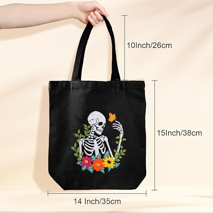 louise maelys helloween embroidery kit canvas tote bag for beginners,cross stitch kits for adults,diy crafts skull flowers pattern,women shopping reusable grocery bags