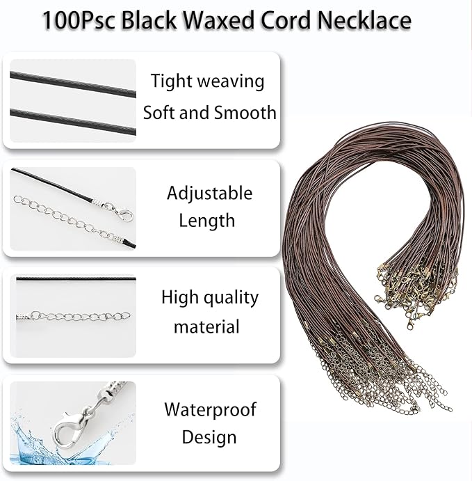 100 Pcs 18" 1.5mm Brown Waxed Cord Necklace String Bracelet Faux Leather Chain Clasp Bulk for Jewelry Making Supplies Accessories(Brown)