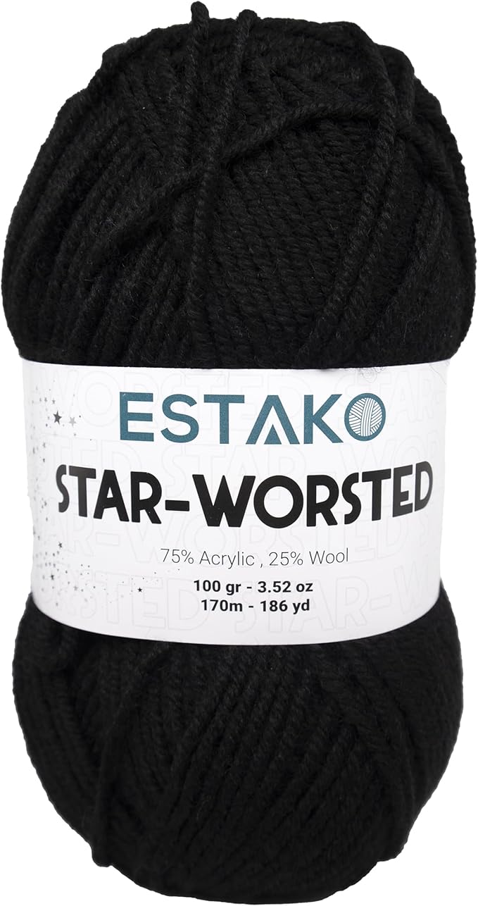 Estako Star-Worsted Yarn - 75% Acrylic 25% Wool - Soft Medium Weight #4-100g (3.52oz) - 170m (186yds) - Crochet & Knitting Yarn (40978 -Black)