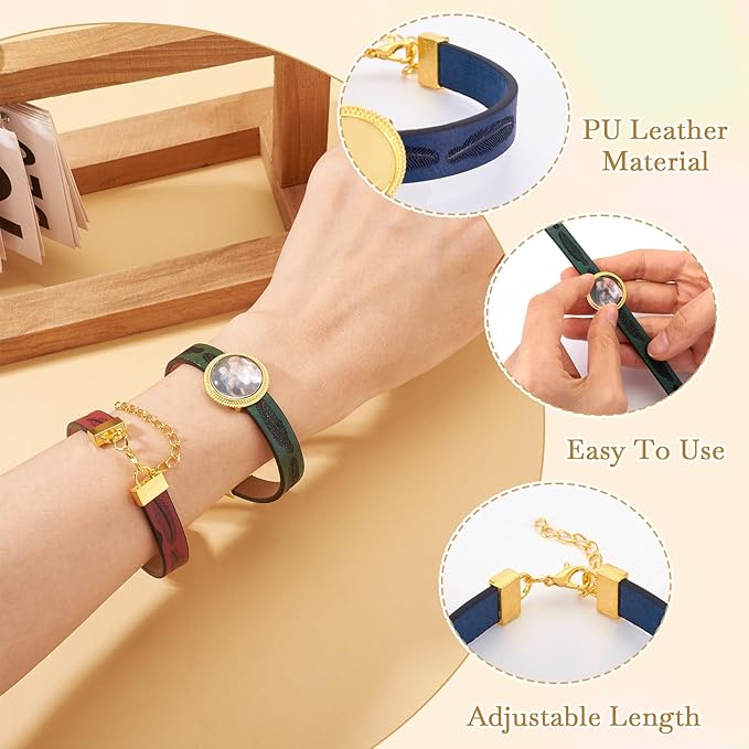 FASHEWELRY 5Pcs PU Leather Cord Bracelet Blanks Bezel Tray Settings Golden Flat Round Tray Cabochons Adjustable Round Tray Bracelet Kits with Glass Cabochons for Jewelry Making