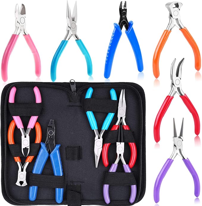 acejoz jewelry making tools kit: 6pc set, including needle round nose, wire cutters, crimper & end nippers for beading & craft