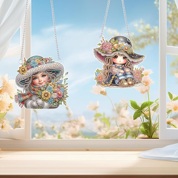 2 Pack Feminine Diamond Painting Hanging Charms – DIY Floral Art Pendants with Rhinestones – Elegant Decorative Accessories for Car Mirror, Wall, or Gift Ideas