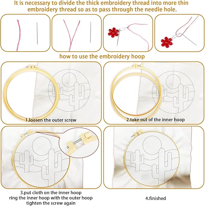 BEUNITONE Bohemian Embroidery Kit for Beginners, 6-Piece Stamped Needlepoint Craft Kits with Landscape, Sun, Moon, Leaves, Vase Designs, Complete DIY Handmade Embroidery Set for Relaxing Creative Fun