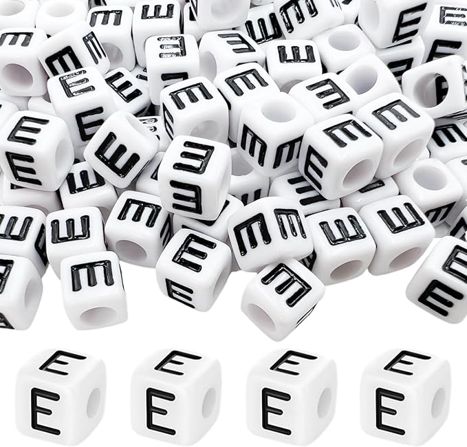 MIIIM 100pcs Pony Beads Letter E for Keychains Making, 6x6mm Large Hole Square Letter Beads for Bracelets Making, Alphabets, Numbers (White and Black)