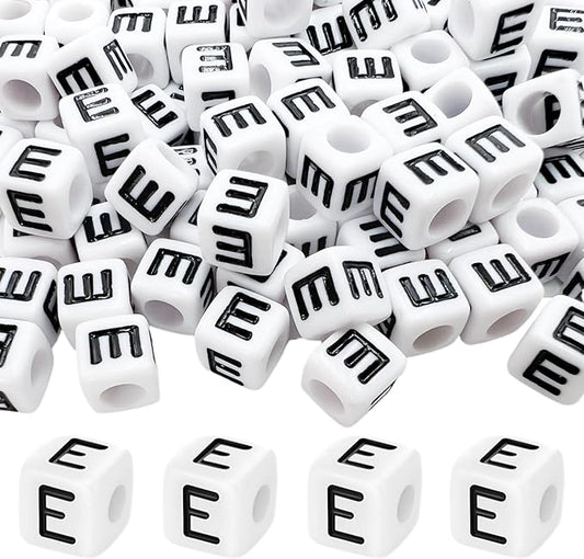 MIIIM 100pcs Pony Beads Letter E for Keychains Making, 6x6mm Large Hole Square Letter Beads for Bracelets Making, Alphabets, Numbers (White and Black)