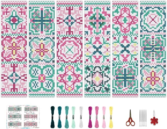 BEUNITONE Cross Stitch Bookmark Kits 6 Pcs Variegated Flowers DIY Bookmarks Cross Stitch Set for Adults Beginners Hand Embroidery Set Traditional Decorative Patterns Craft Kits for Gifts 8''x2.4''