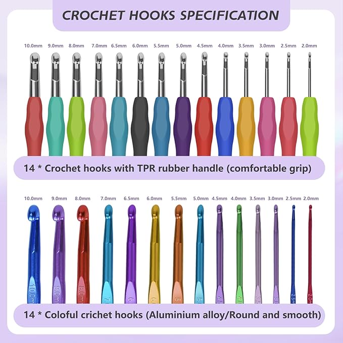 Artcome 124 pcs Crochet Kit for Adults and Kids, 14 Sizes Ergonomic Crochet Hooks with a Comfortable Grip for Beginners and Experienced Crocheters, Ideal for Creating Beautiful Projects
