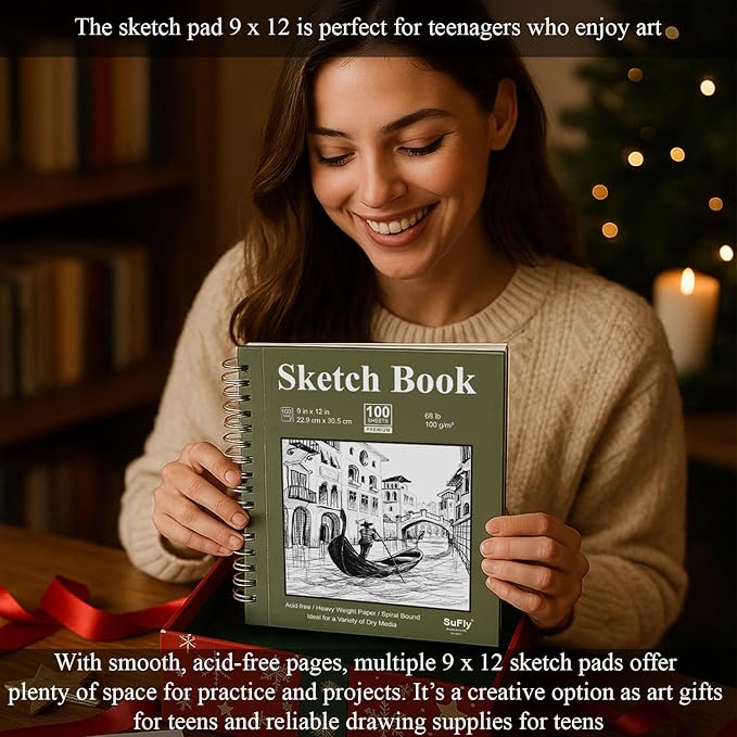 sketch book 9x12 inch, pack of 2 (total 200 sheets) spiral bound sketchbook, 68 lb/100gsm artist sketch pad, 100 sheets each, sturdy acid free drawing paper, suitable for adults & teens
