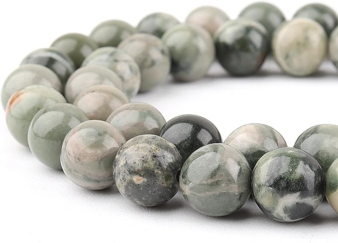 8mm Natural Stone Beads for Jewelry Making - Gemstone Round Loose Beads for Bracelets(45-48pcs, Green Grain Stone)