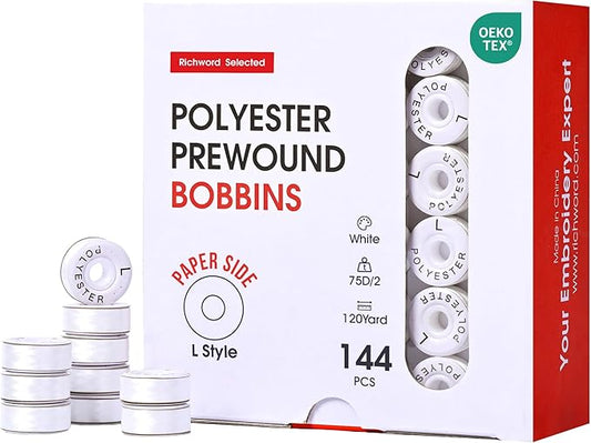 Poolin Prewound Bobbins, Richword Selected White Cardboard Sided 144pcs Size L(SA155), 75D/2(60WT) Polyester Bobbin Thread for Commercial Multi Needles Embroidery Machine, 120 Yards