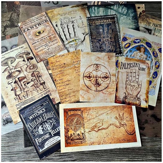 Dark Academia Junk Journal Supplies, Vintage Skull Decoupage Paper for Scrapbook Kit, 45pcs Astrology Ephemera for Junk Journals, Mushroom Plant Materials for Room Decor Wall Collage Kit