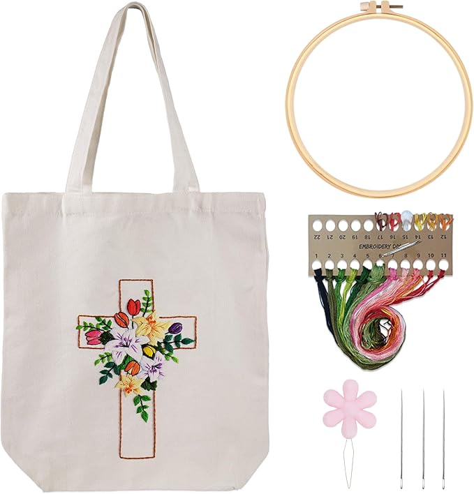 louise maelys cross lily embroidery kit canvas tote bag for beginners,cross stitch kits for adults,diy crafts needlepoint include easter jesus pattern,women shopping reusable grocery bags