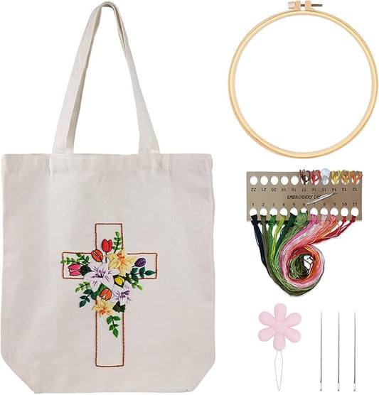 louise maelys cross lily embroidery kit canvas tote bag for beginners,cross stitch kits for adults,diy crafts needlepoint include easter jesus pattern,women shopping reusable grocery bags