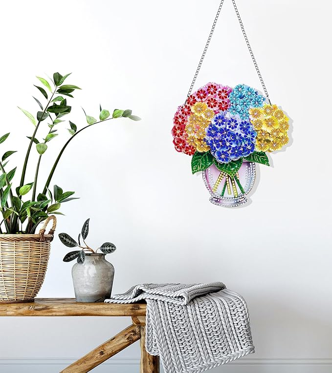 Ginfonr Diamond Painting Kits Hanging Pendant, Vase Sun Catcher for Front Door Sign, Special Shaped Rhinestone Flower Summer Hanging Decor, Double Sided Diamond Kits for Garden Window (8 x 8 inch)