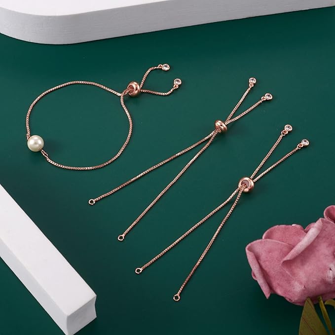 FASHEWELRY 20 Strands Adjustable Brass Bracelet Slider Extender Chains with Rhinestone Ends 4.72-4.96 Inch Real Rose Gold Plated for DIY Jewelry Making