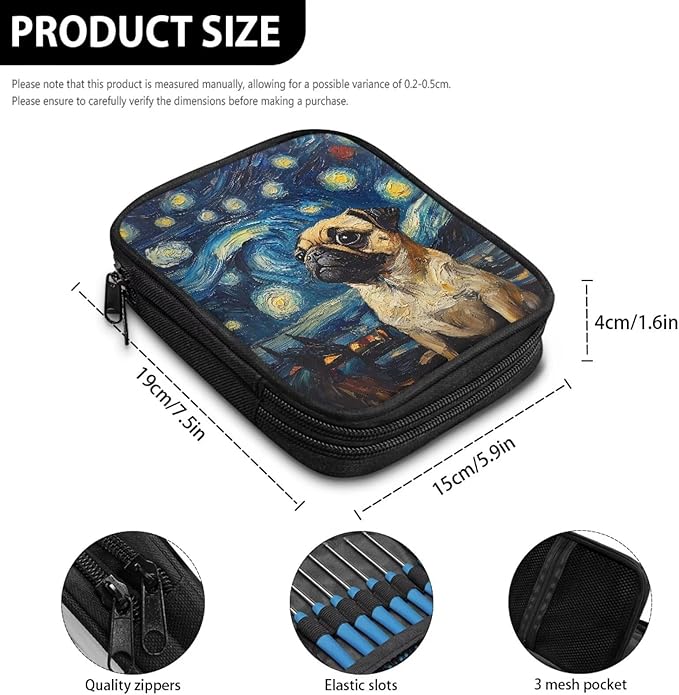 Hechitok Starry Night Bulldog Knitting Needles Case Empty Zipper Bags Organizer Portable Travel Crochet Hook Storage Bag with Web Pocket for Carrying Various Crochet Needles