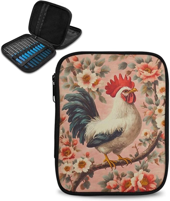 Hechitok Chicken Flower Crochet Hook Case Without Hooks and Accessories Zipper Storage Organizer Bag with Web Pockets for Various Crochet Needles Accessories Crochet Hook Kit Tools