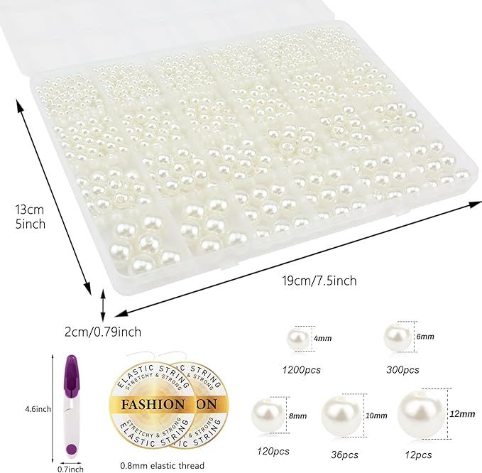 1668 Pcs Pearl Beads for Bracelet Making Kit 5 Sizes Pearl Beads for Jewelry Making Pearls Bracelet Bead Charms Necklace Earrings DIY Craft for Women Adult Pearls Bead for Crafting