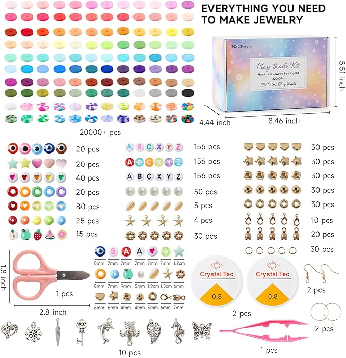 INSCRAFT 22000 Pcs Clay Beads for Bracelet Making Kit, 120 Colors Flat Round Polymer Clay Beads, Friendship Bracelet Kit Heishi Beads for DIY Jewelry Making, Crafts Gift for Girls Teen Ages 6-12