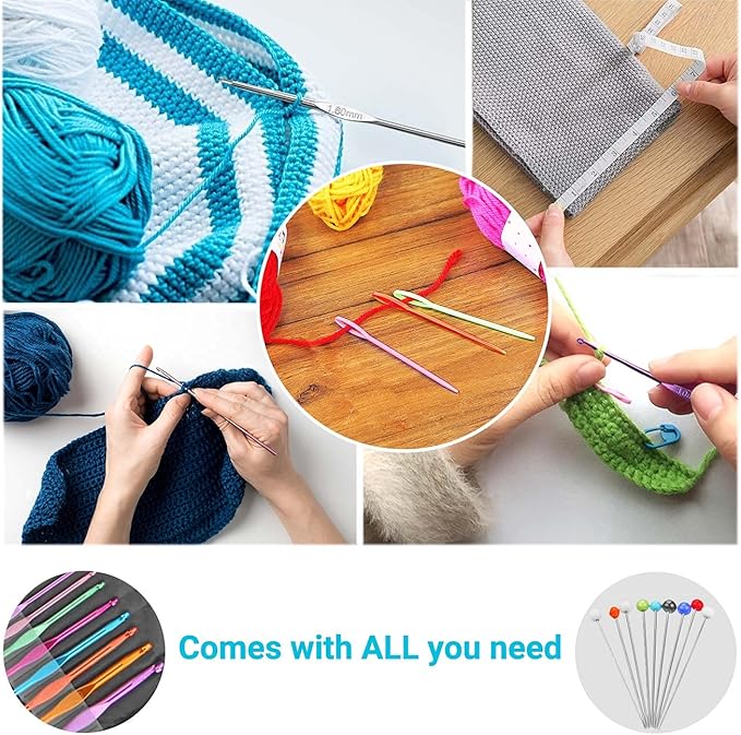 URWOOW 100 Pcs Crochet Hook Set with Yarn Knitting Needles Sewing Tools Full Set Knit Gauge Scissors Stitch Holders Household Tool Kit