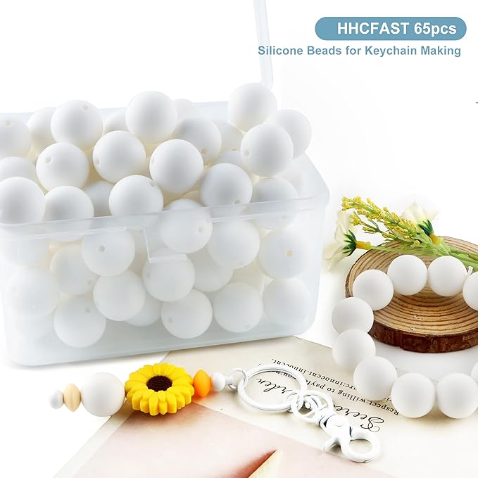 65Pcs 19mm Silicone Beads for Keychain Making Bracelet Necklace, Bulk Round Silicone Beads for Pens（White）