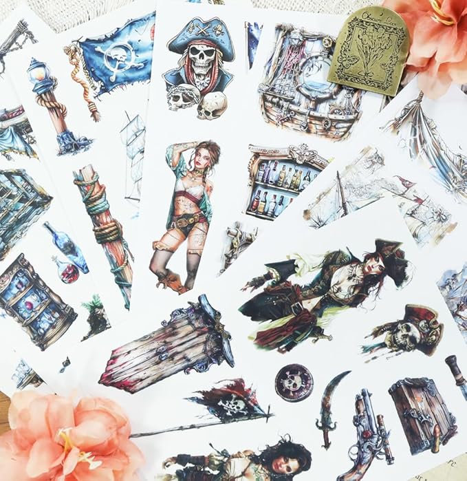 Dwetpzo Vintage Pre-Cut Journal Pirate Sticker Book for Junk Journaling Supplies, Washi, Paper, Transparent PET Stickers for Scrapbooking, Collage, Planner, Bujo, 20 Sheets