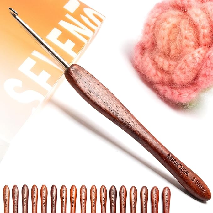 SEVENSUN Mimosa 3.5mm Single Crochet Hook, Available in 0.6mm-6.5mm, Ergonomic Hand Polished Stainless Steel Inline Pointy Wood Handle Crochet Hook for Arthritic Hands, Mother's Day Gifts for Mom