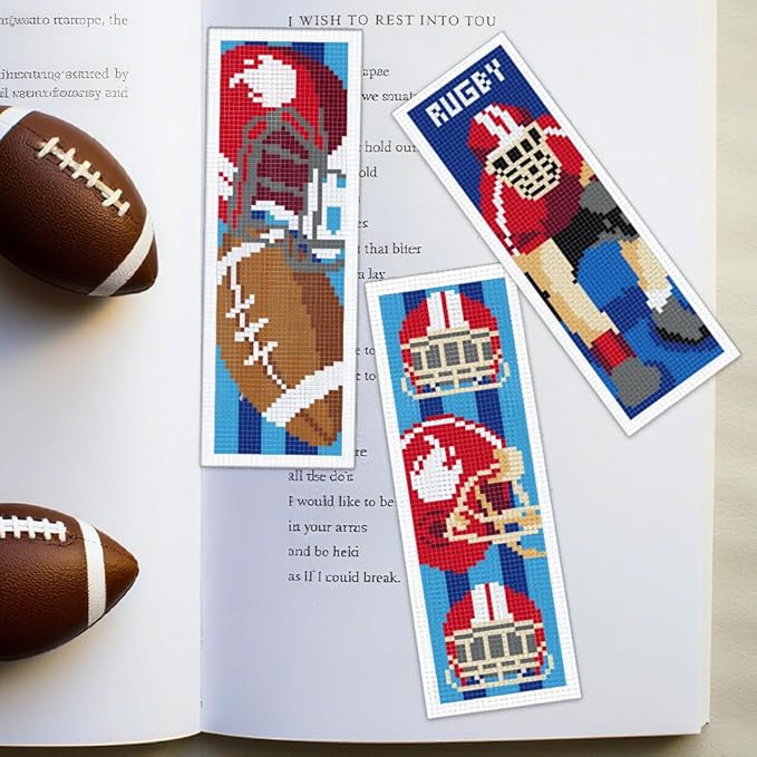 ORIGACH 6 Set Rugby Cross Stitch Bookmark Kit for Beginner with Backing Felt Floss Instructions DIY Stamped Embroidery Bookmark Kit for Adults, Book Lovers