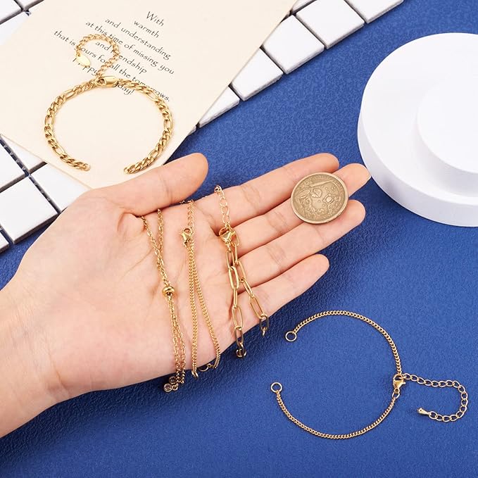 FASHEWELRY 16Pcs Stainless Steel Adjustable Slider Bracelet Adjustable Chains Extender with Cubic Zirconia Ends Golden Chain Link Bracelets with Lobster Clasp for Jewelry Making