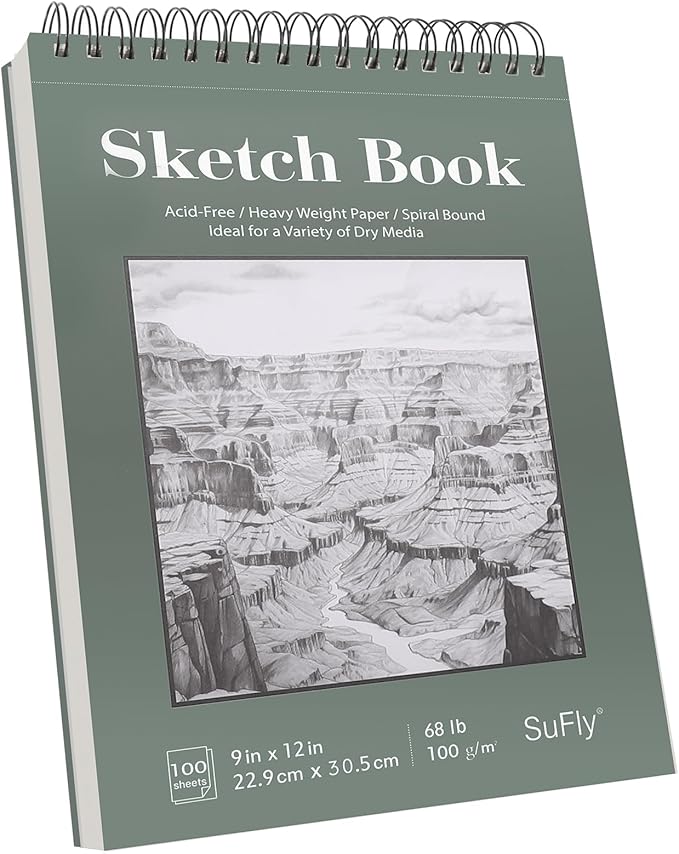 sufly sketch book 9x12, drawing paper pad-68lb/100gsm, top spiral sketchbook hardcover, 100 sheets sketch pad for kids classroom art supplies for adults-sketchpad for drawing, illustration & art stuff