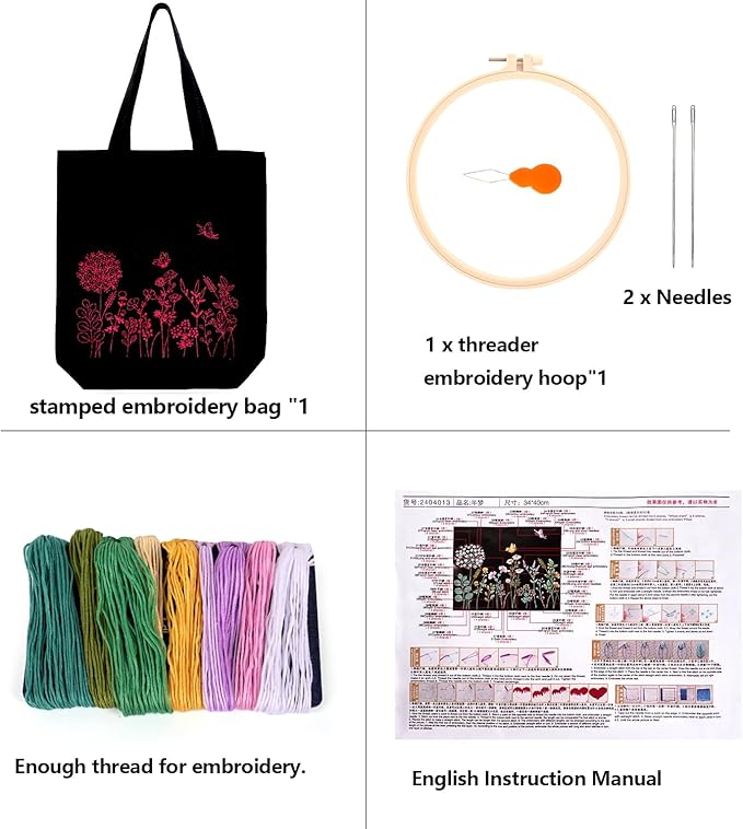 Canvas Tote Bag Embroidery Kit, Embroidery Kit for Beginners Adults, Embroidery Starter kit with Flower Pattern, Canvas Bag Cross Stitch Kits, Cross Stitch Kit with Hoops, Color Threads and Tool