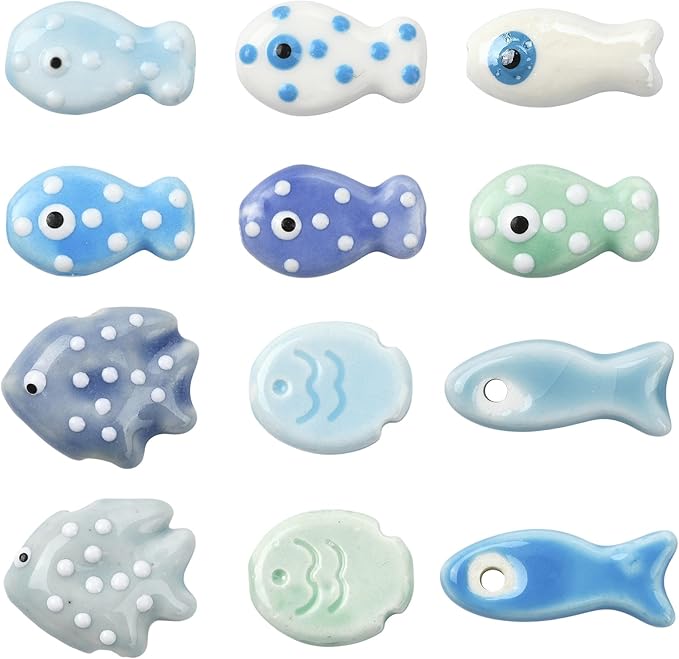 12Pcs Polka Dot Fish Ceramic Porcelain Beads for Jewelry Making Blue Ocean Sea Beach Animal Spacer Beads for DIY Necklaces Earrings Bracelets Keychains Jewelry Findings Accessories