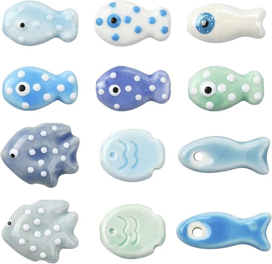 12Pcs Polka Dot Fish Ceramic Porcelain Beads for Jewelry Making Blue Ocean Sea Beach Animal Spacer Beads for DIY Necklaces Earrings Bracelets Keychains Jewelry Findings Accessories