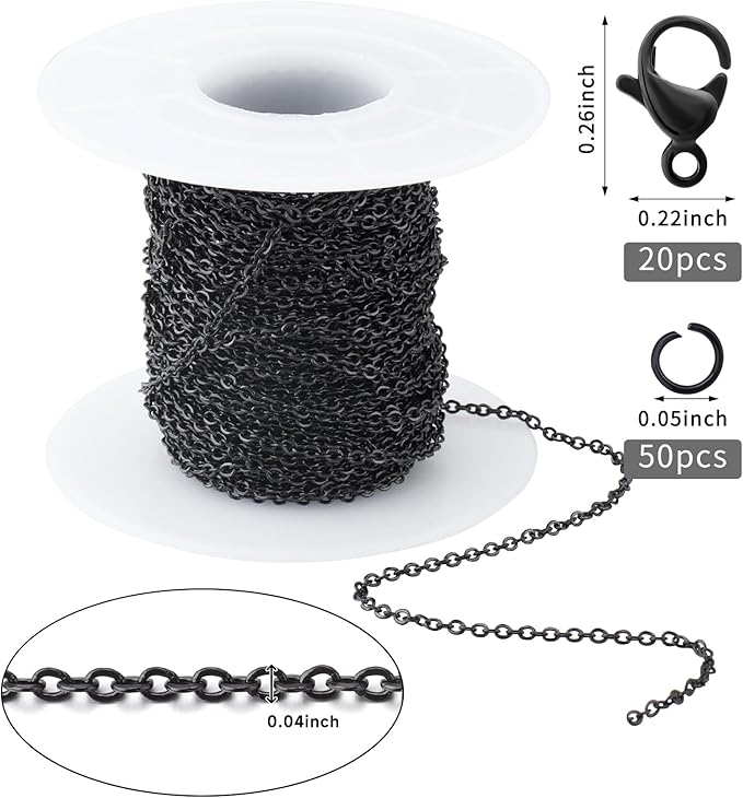 Topacket 33Feet Black Stainless Steel Necklace Chains Cable Link Chains for Jewelry Making DIY Craft Kit with Lobster Clasps Jump Rings