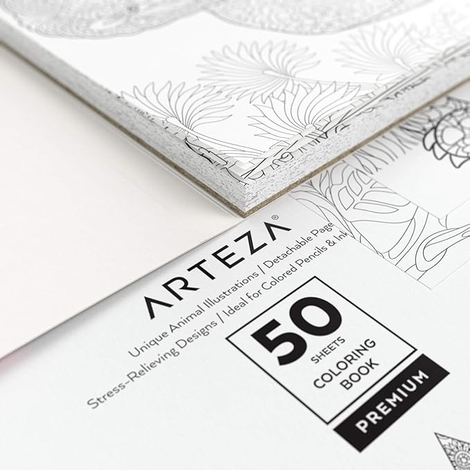 ARTEZA Adult Coloring Book, Animal Designs, 9x9 Inches, Stress-Relieving Coloring Pages with 50 One-Sided Images, 100 lb Paper